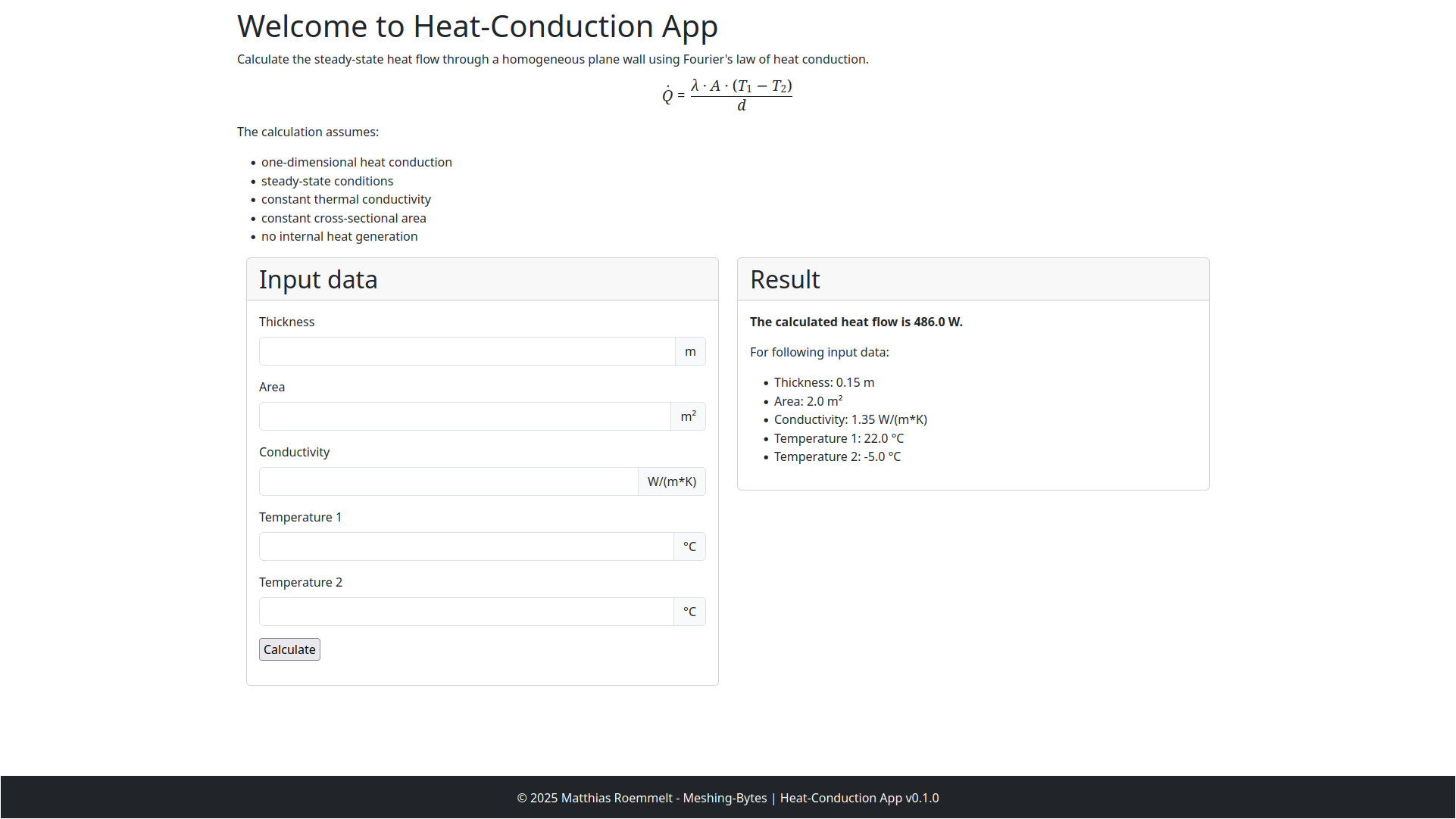 Screenshot der Weboberfläche der heat-conduction-app mit Eingabeformular für Wanddicke, Fläche, Wärmeleitfähigkeit und Temperaturen sowie Anzeige des berechneten Wärmestroms.