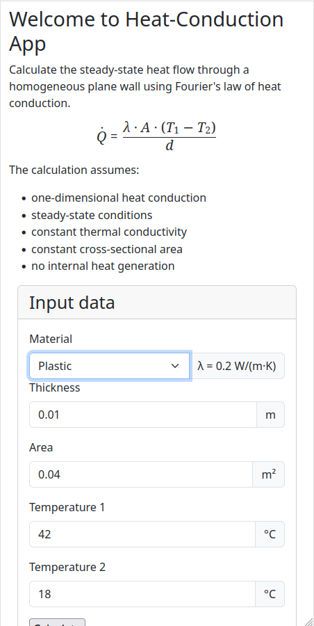 Mobile Ansicht des Eingabeformulars der heat-conduction-app mit Dropdown zur Materialauswahl und dynamischer Anzeige der zugehörigen Wärmeleitfähigkeit.