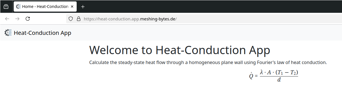 Screenshot der laufenden heat-conduction-app im Browser mit HTTPS und Subdomain auf einem VPS.