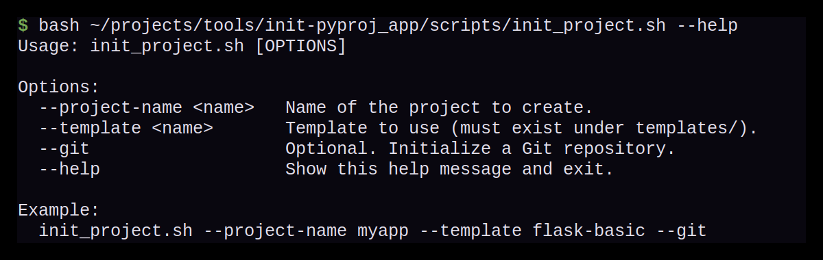 Screenshot der Bash-Ausgabe des Befehls init_project.sh --help. Zeigt eine Übersicht der verfügbaren Flags.