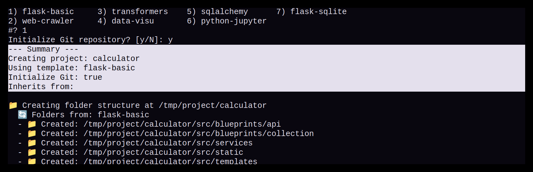 Screenshot der CLI-Zusammenfassung vor Start der Projekterstellung. Zeigt Projektnamen, Template, Git-Status und 'erbt von'.