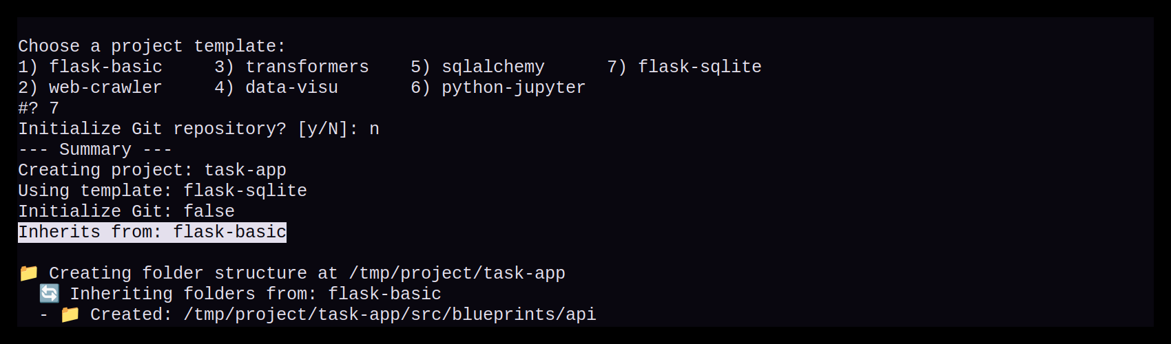 Bash-Screenshot der CLI-Zusammenfassung, in der angezeigt wird, dass ein Template von einem Eltern-Template erbt.