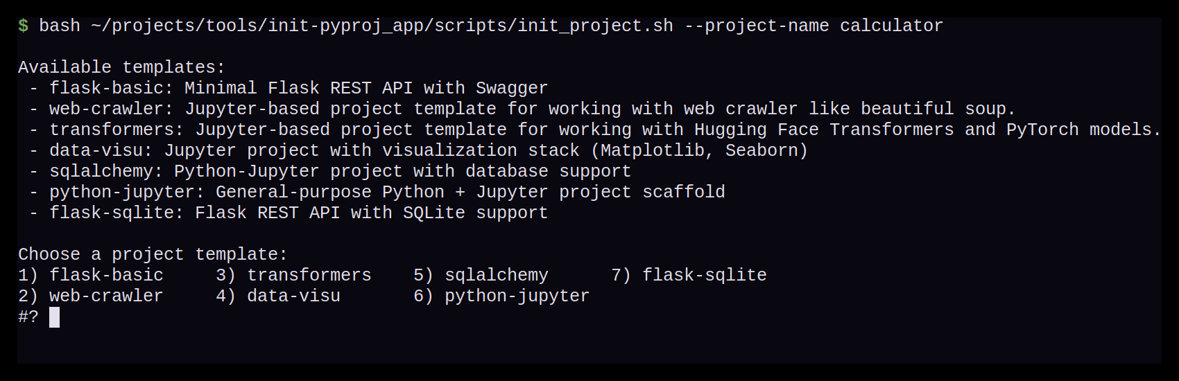 Screenshot der interaktiven Template-Auswahl im init_project.sh Skript. Zeigt eine nummerierte Liste mit Templates.